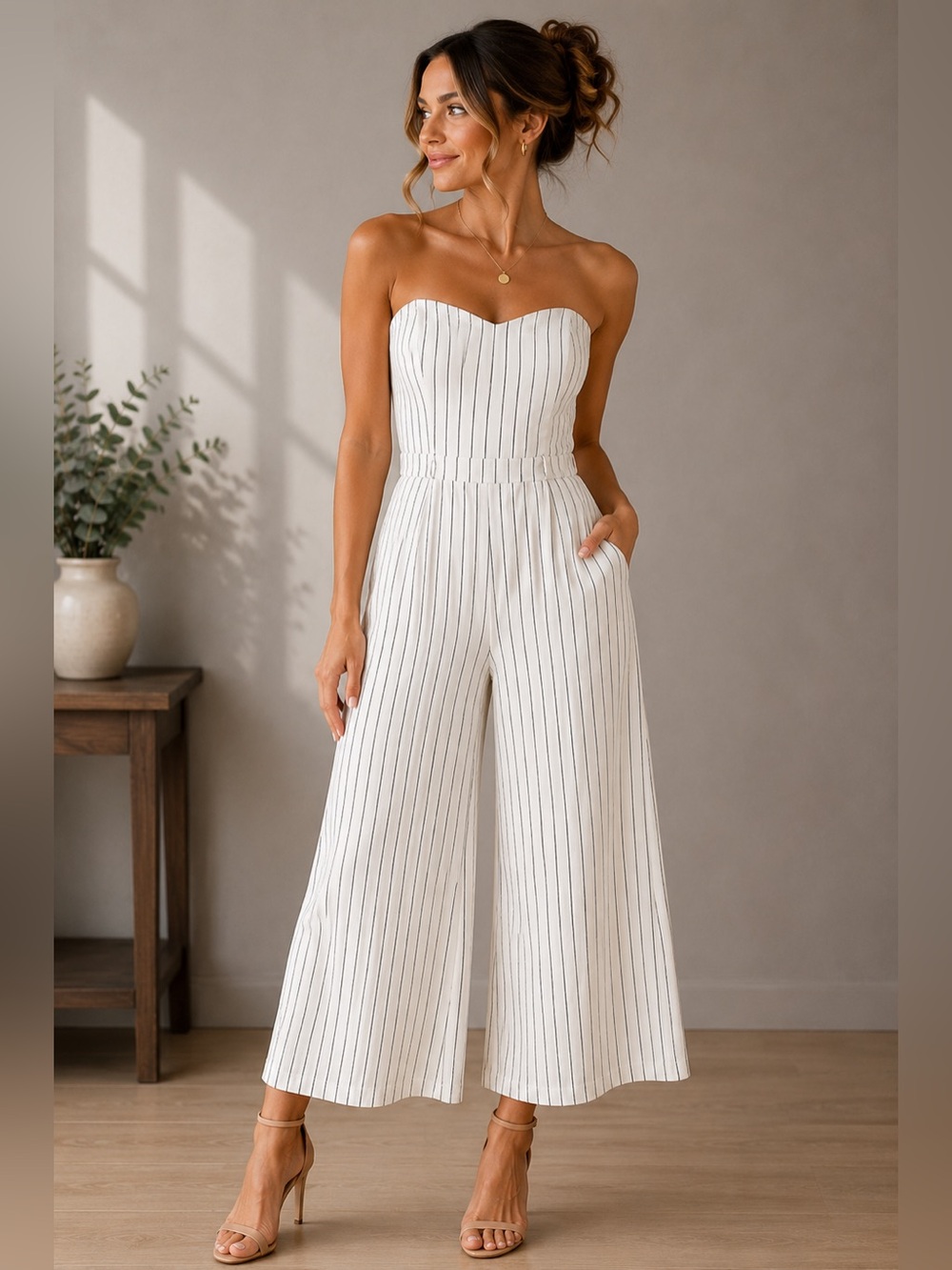 HAVE White Pinstripe Strapless Wide-Leg Jumpsuit with Sweetheart Neck Line